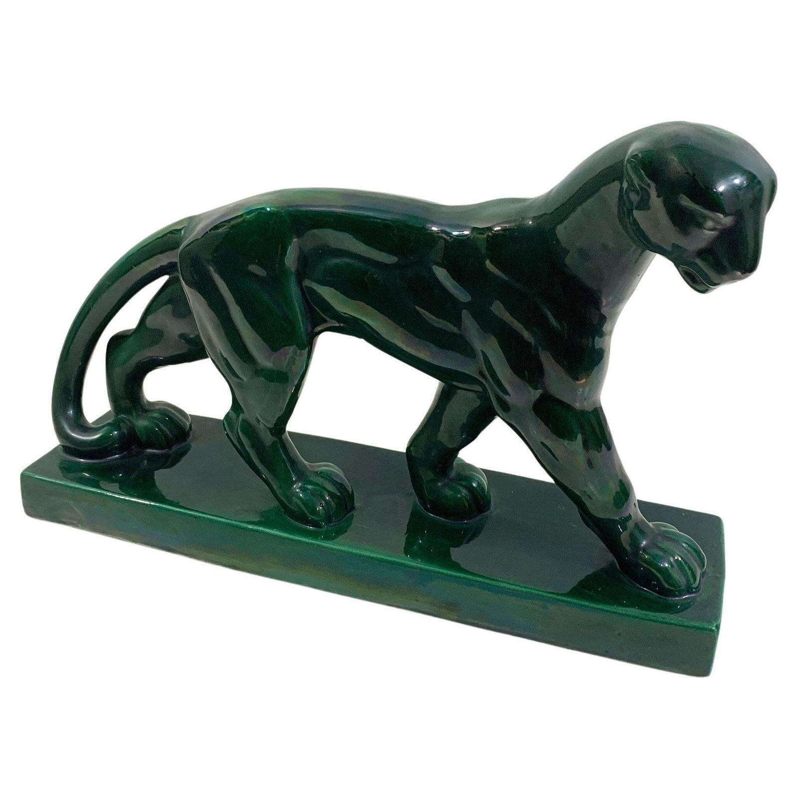 Art Deco Ceramic Panther Sculpture Numbered 185  Signed "Sc France" St Clément