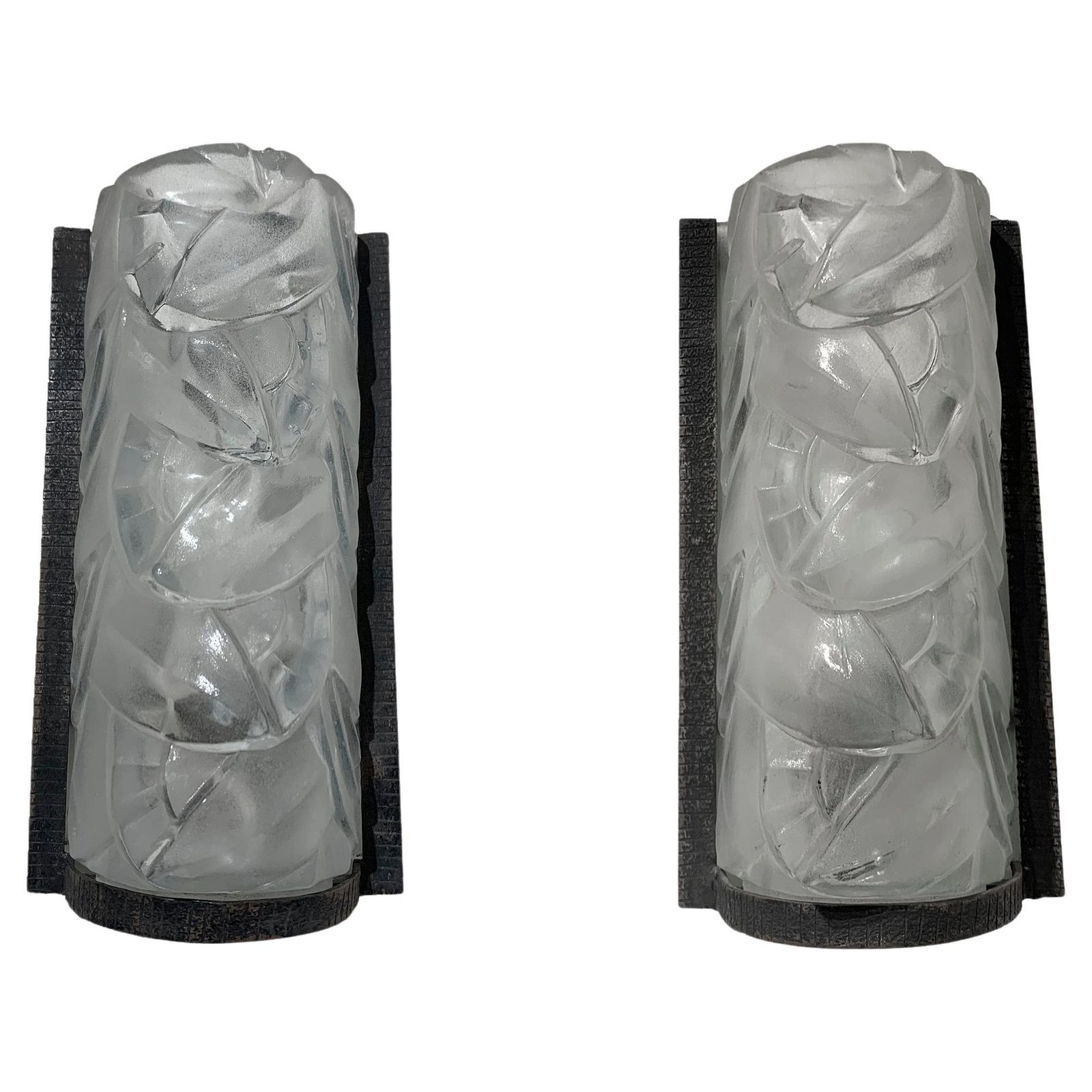 Pair Of French Art Deco Wall Sconces In Press Molded Glass And Wrought Iron
