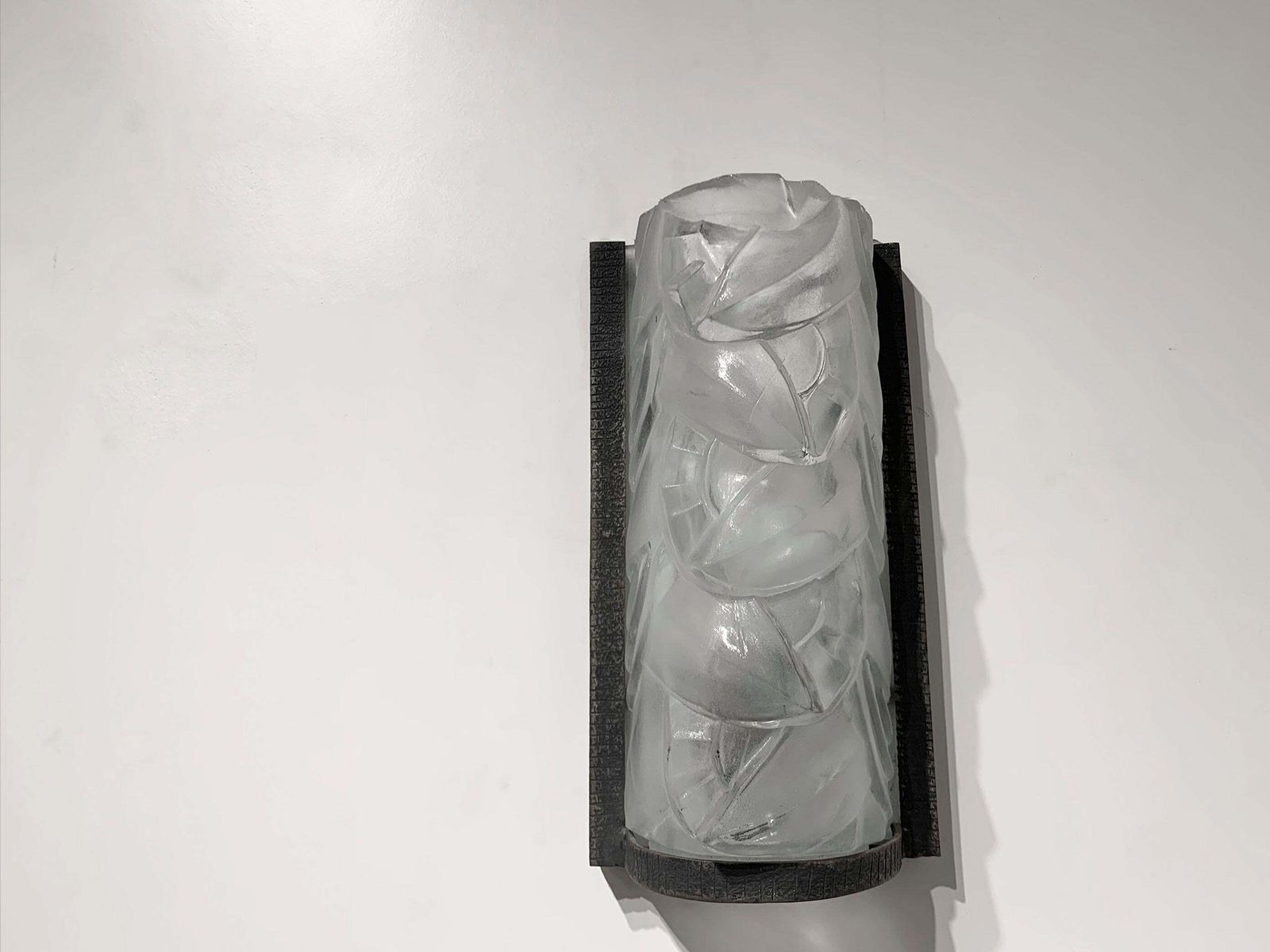 Pair Of French Art Deco Wall Sconces In Press Molded Glass And Wrought Iron photo furniture