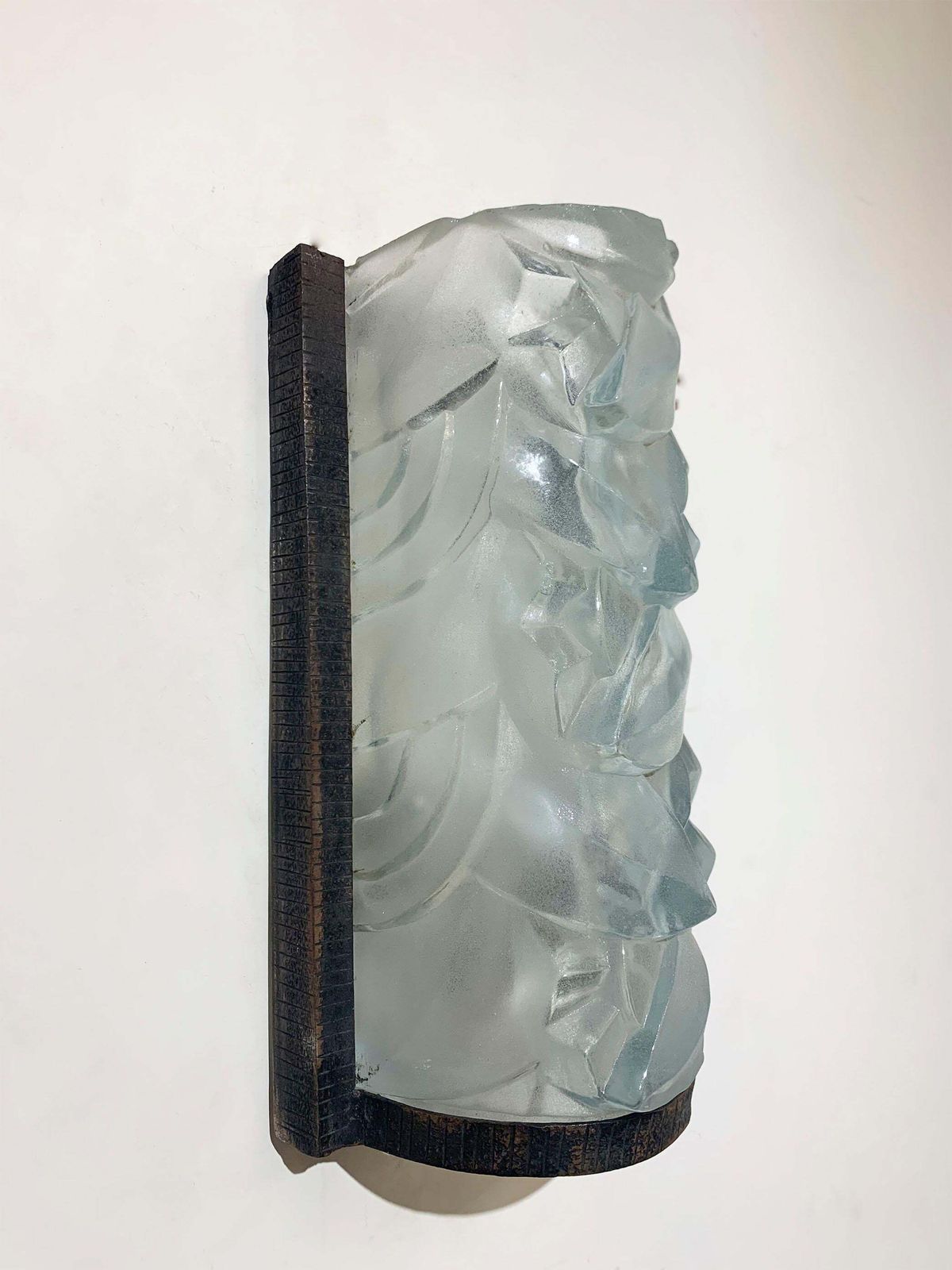 Pair Of French Art Deco Wall Sconces In Press Molded Glass And Wrought Iron photo Lighting