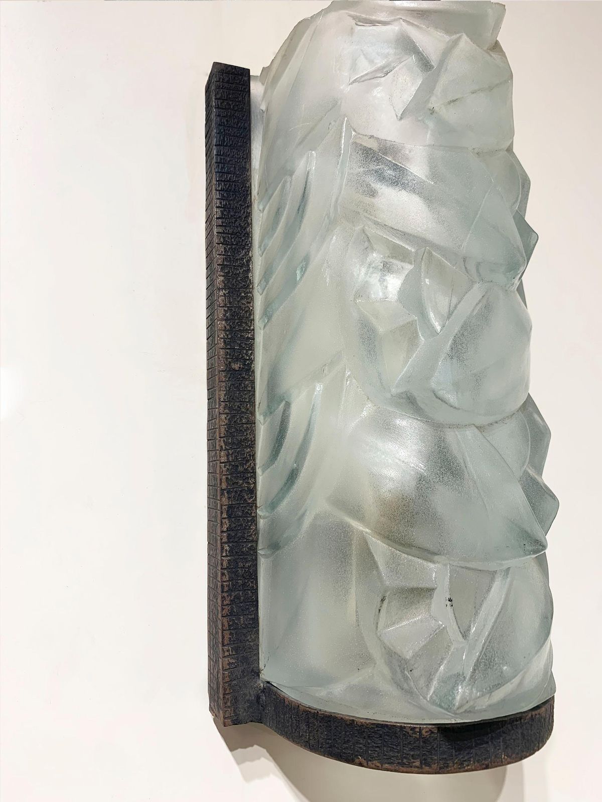 Pair Of French Art Deco Wall Sconces In Press Molded Glass And Wrought Iron photo vinterior