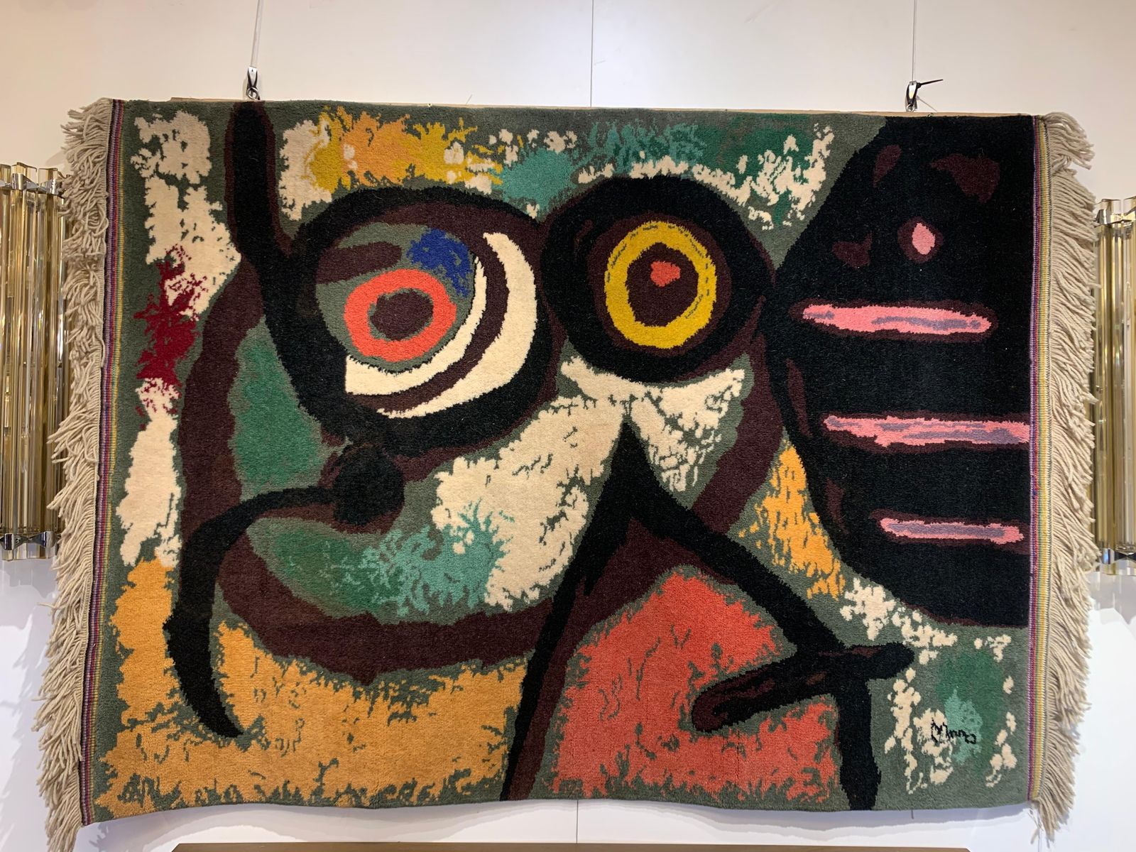Vintage Mid Century Hand Knotted Wool Tapestry “Femme Et Oiseaux” By Joan Miro photo for sale
