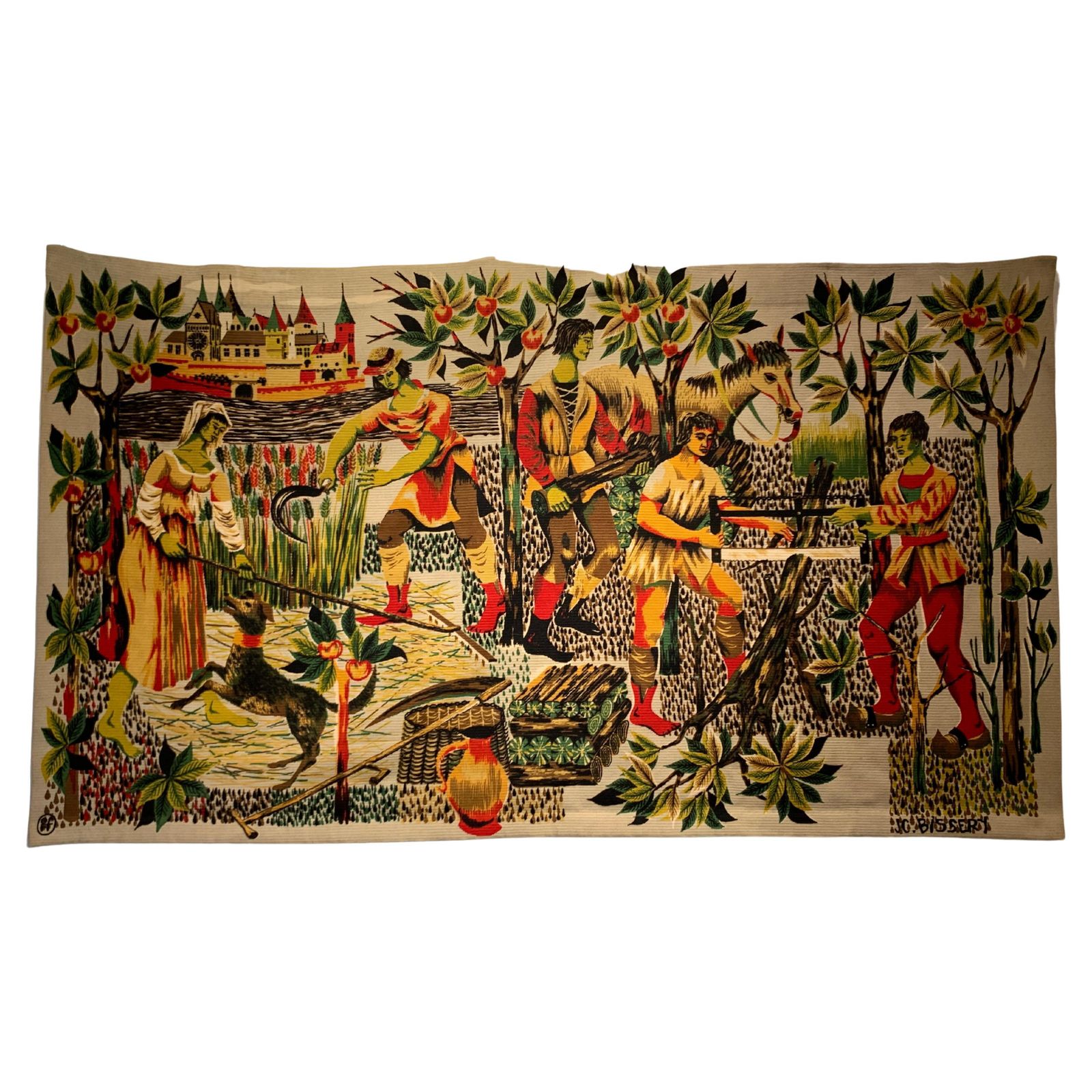 Mid Century Tapestry “Moyen âge”Signed By Jean Claude Bissery