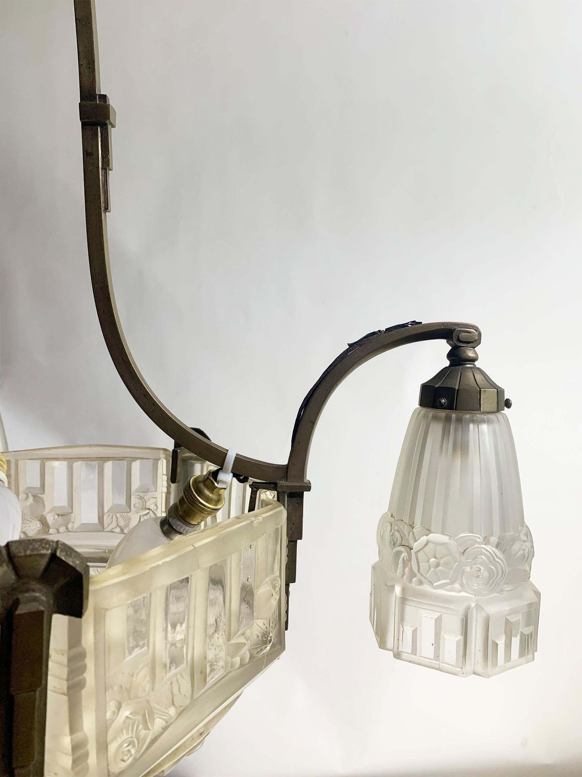 Art Déco Chandelier, Yellow Bronze & Press Molded Glass By Marius Ernest Sabino photo buy