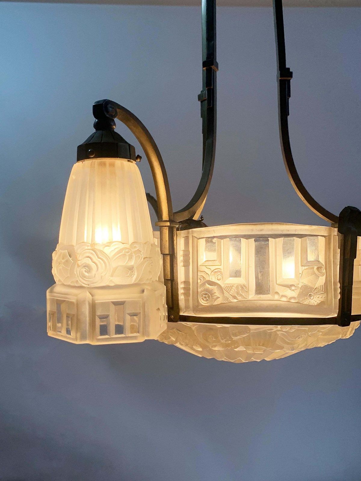 photo furniture Art Déco Chandelier, Yellow Bronze & Press Molded Glass By Marius Ernest Sabino
