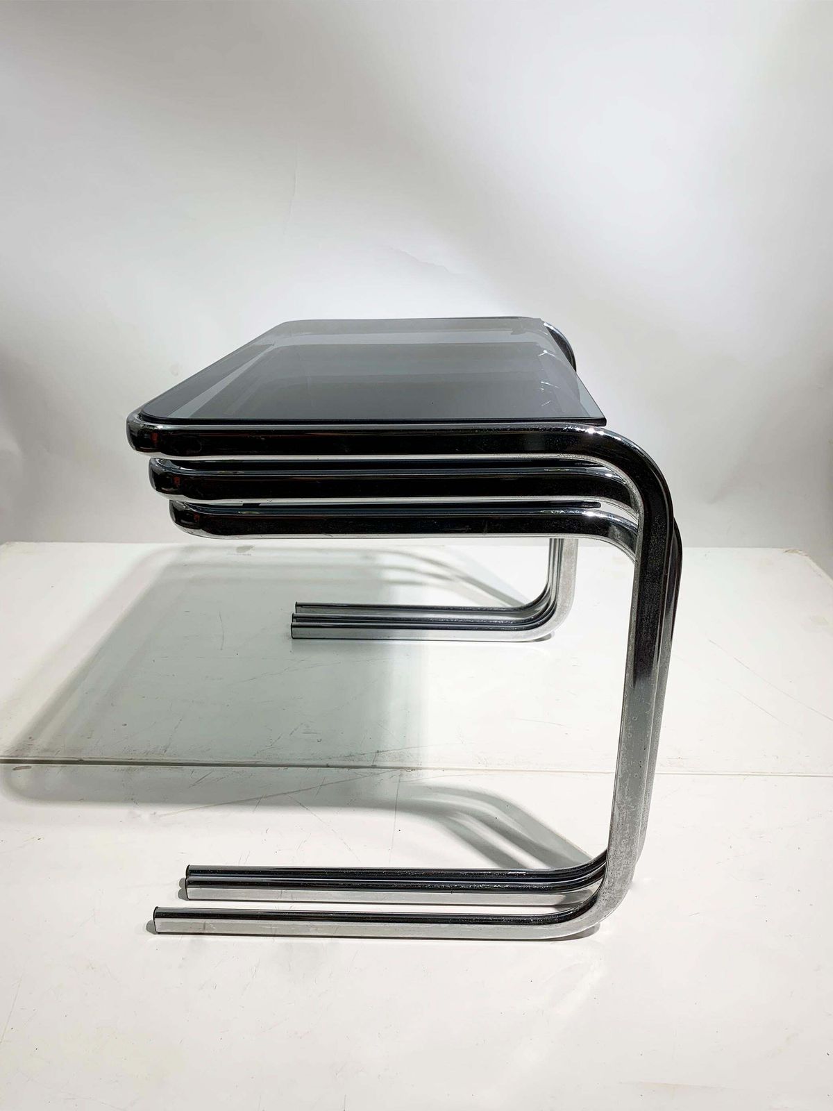 Set Of 3 Late 20th Century Nesting Side Tables In Chrome And Smoked Glass photo furniture