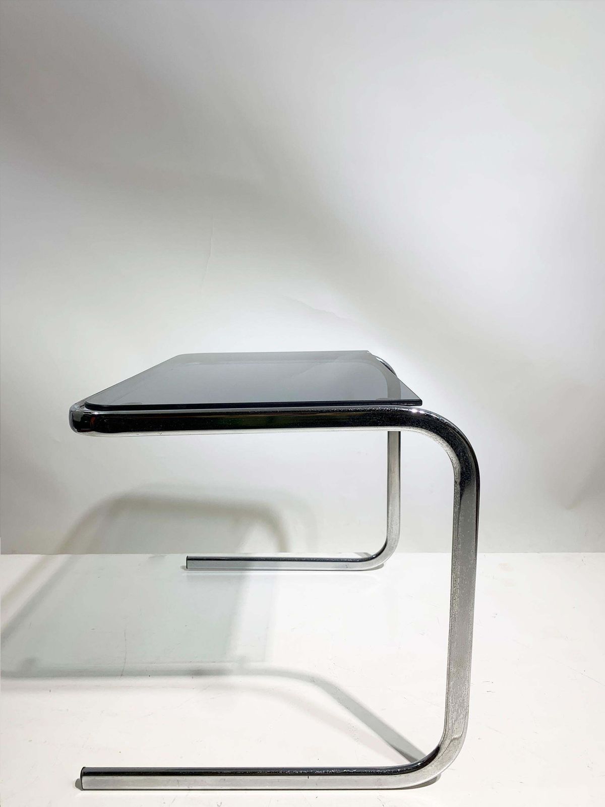 Furniture Set Of 3 Late 20th Century Nesting Side Tables In Chrome And Smoked Glass photo