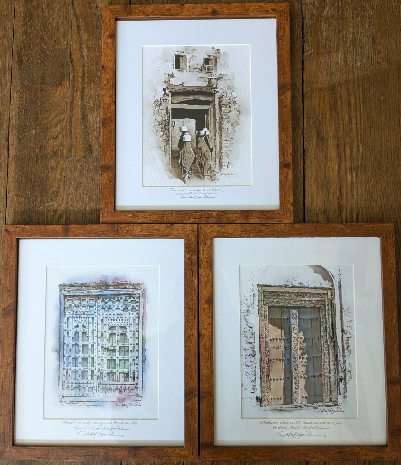 Vintage Set Of Three Framed Painted Prints Of Arabian Doorways