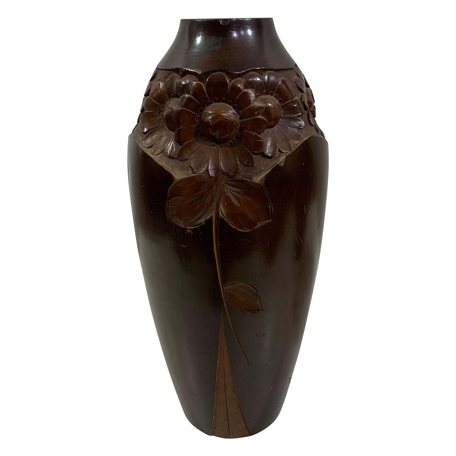 Mid   20th Century Vintage Hand Carved Wooden Vase 1 Signed Dupia
