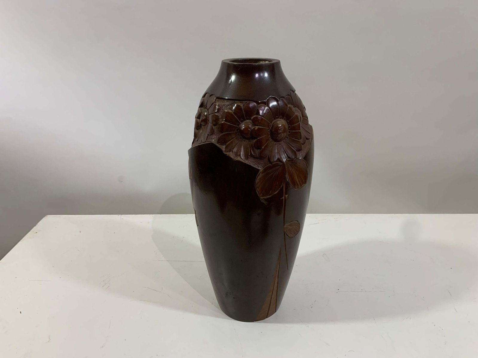 Mid   20th Century Vintage Hand Carved Wooden Vase 1 Signed Dupia photo for sale