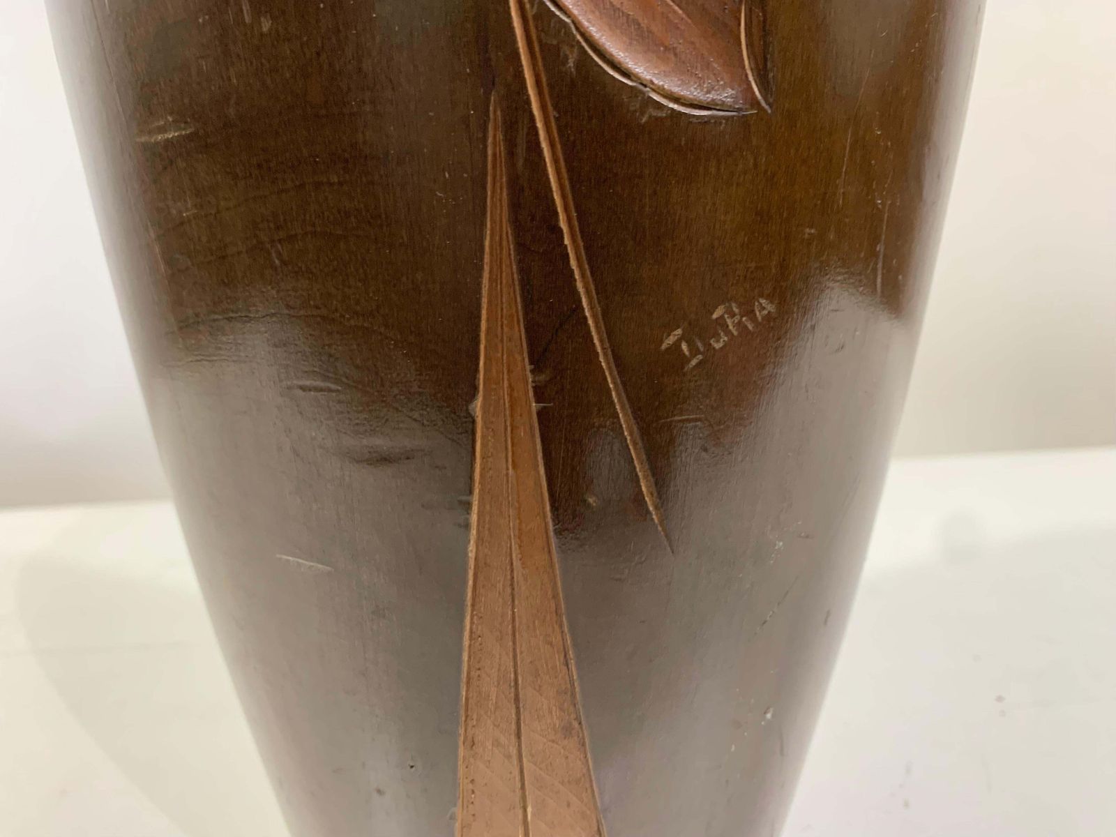 Mid   20th Century Vintage Hand Carved Wooden Vase 1 Signed Dupia photo vintage