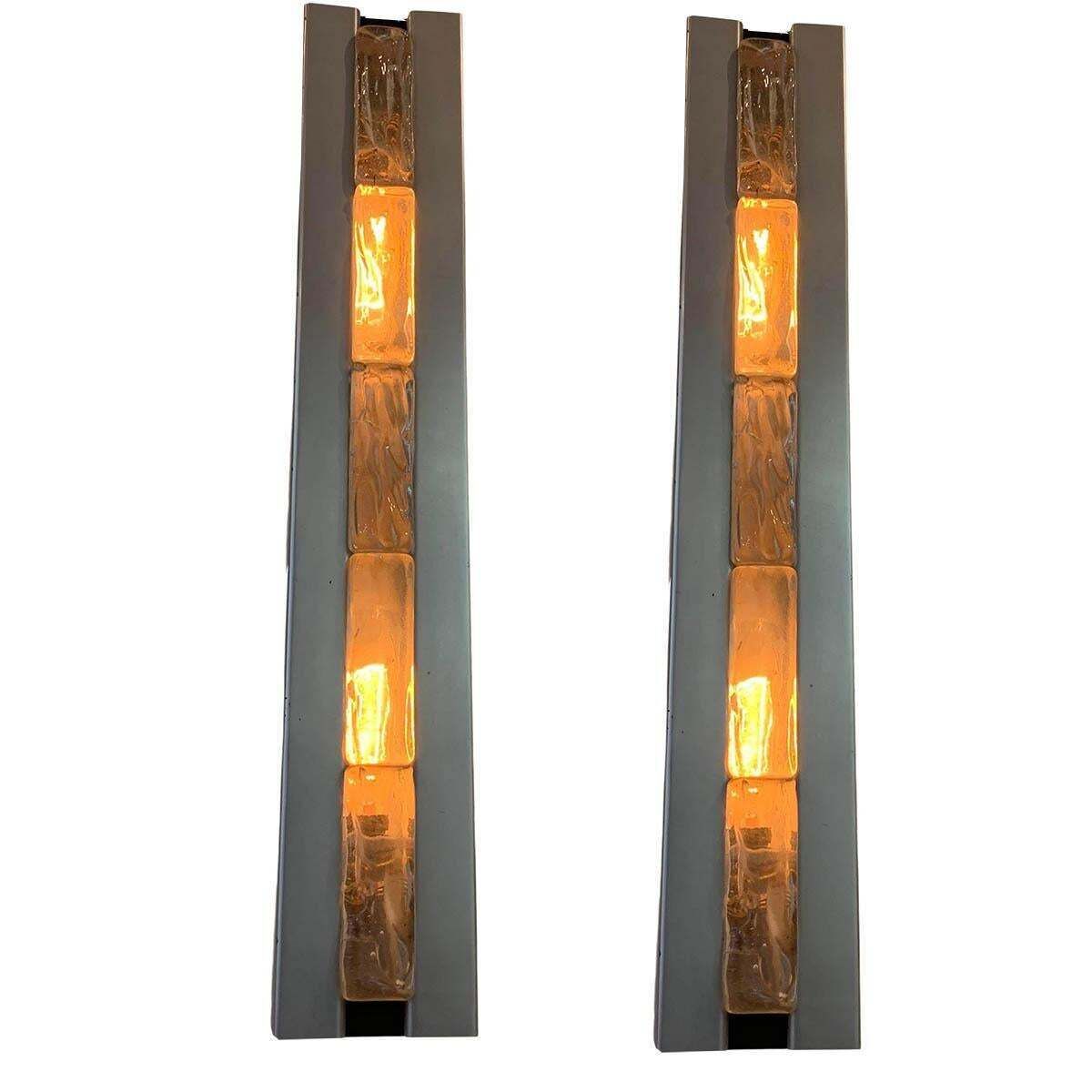 Lighting Pair Of French Art Deco Sconces With 5 Saint Gobain Glass Bricks, Circa 1970 photo