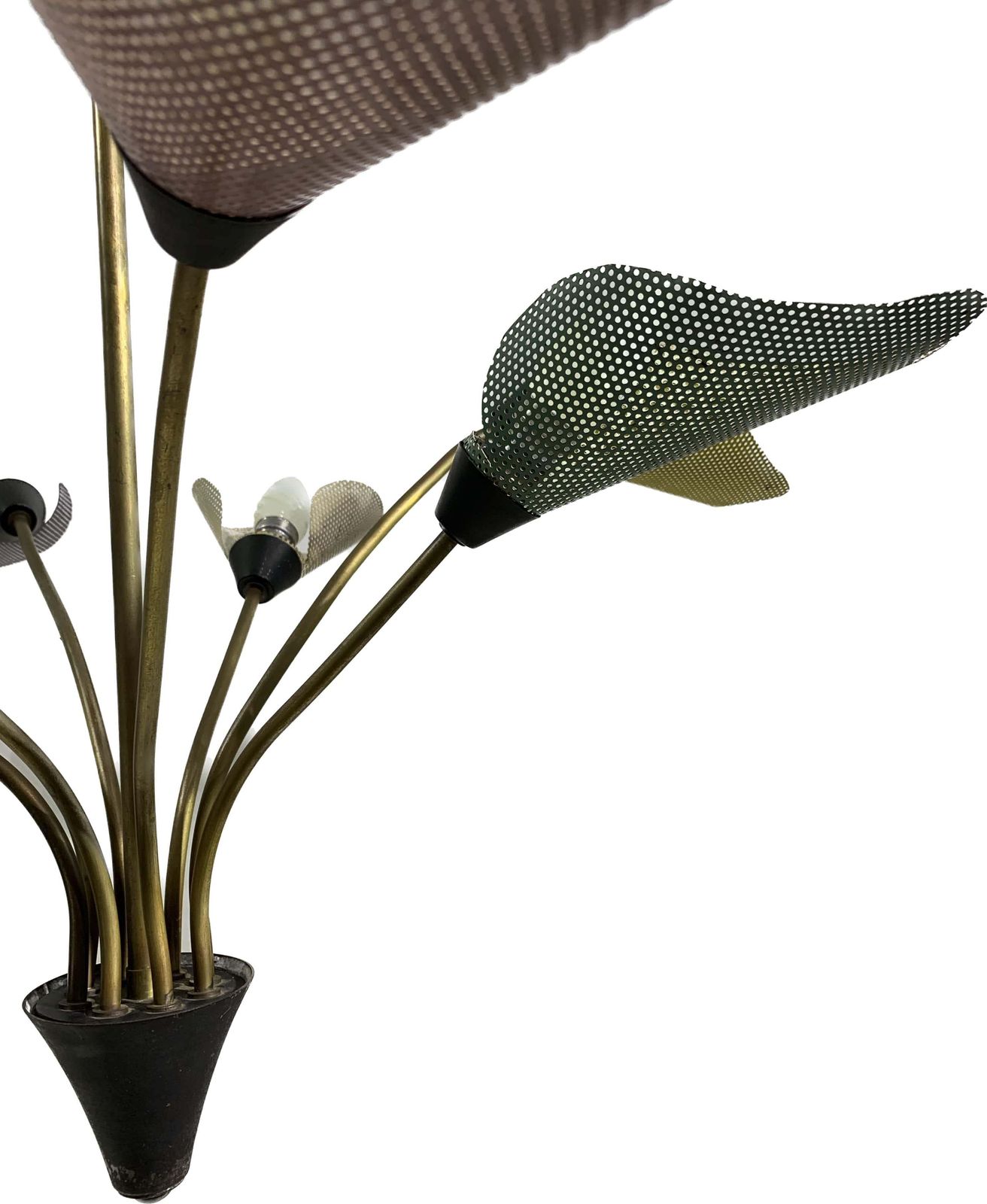 Midcentury Bronze European Chandelier With Perforated Metal Tulips photo furniture