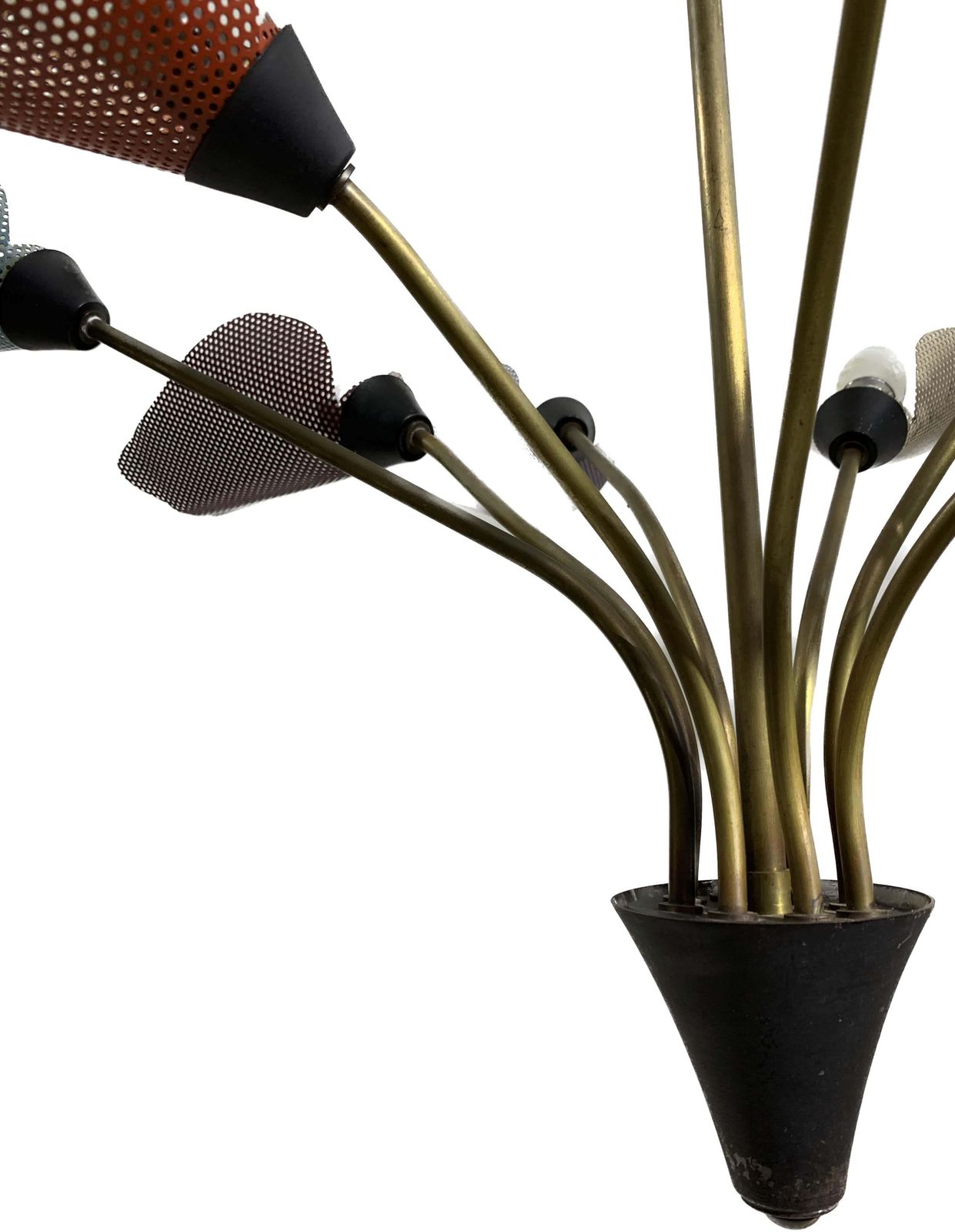 Lighting Midcentury Bronze European Chandelier With Perforated Metal Tulips photo