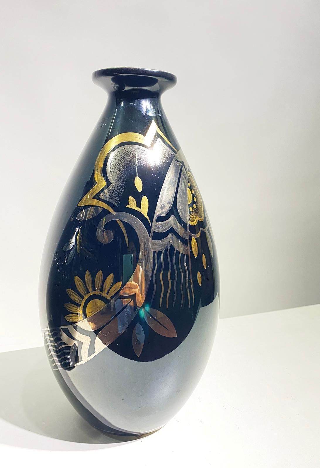 Pair Of Art Deco Ceramic Vases Black Silver And Gold Boch Frères, Belgium, 1931 photo for sale