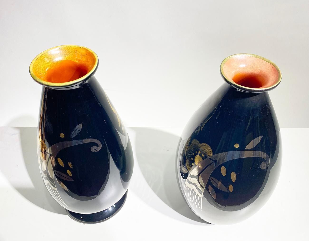 Pair Of Art Deco Ceramic Vases Black Silver And Gold Boch Frères, Belgium, 1931 photo buy