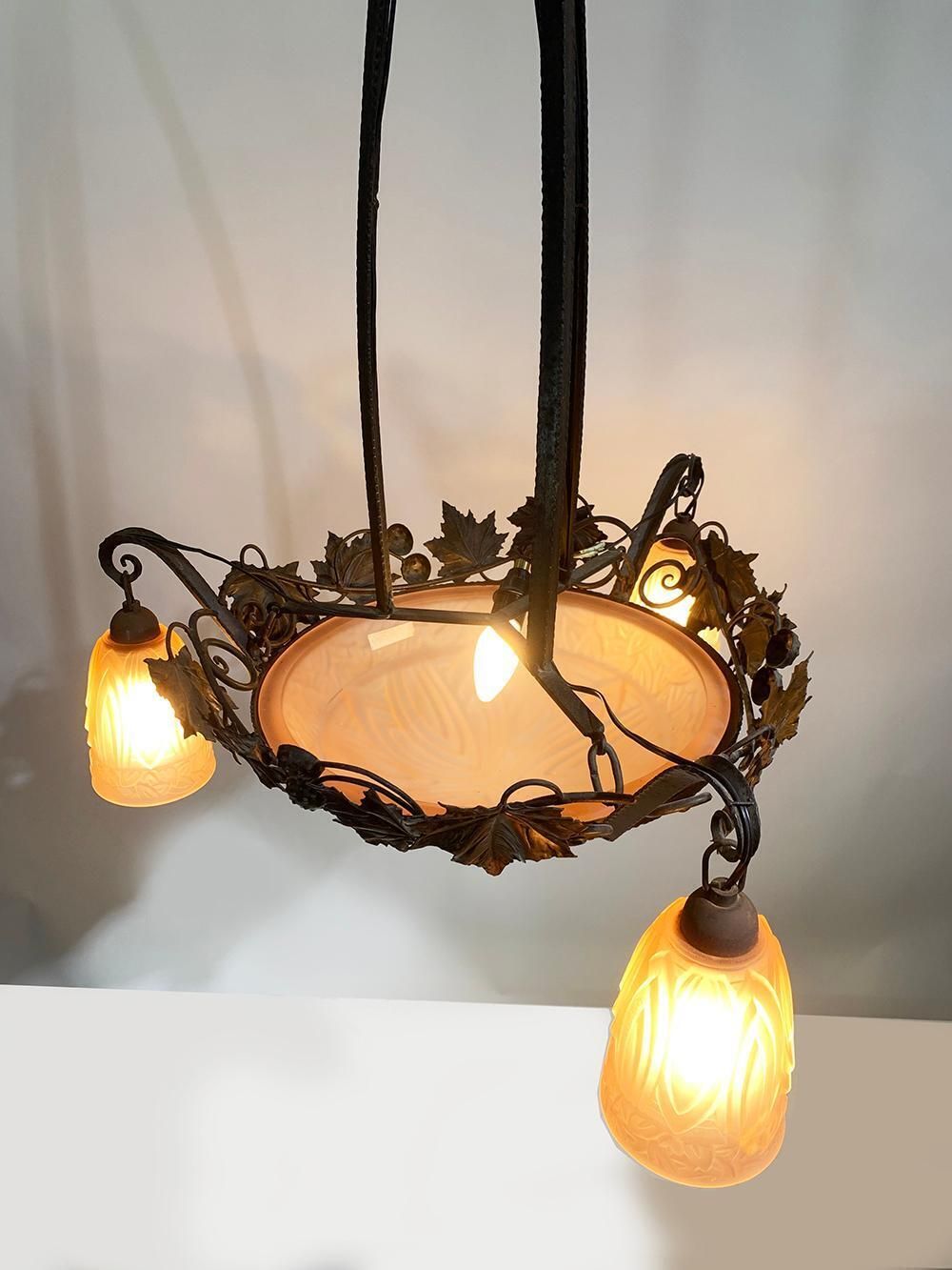 French Art Deco Wrought Iron Chandelier By Schneider photo for sale