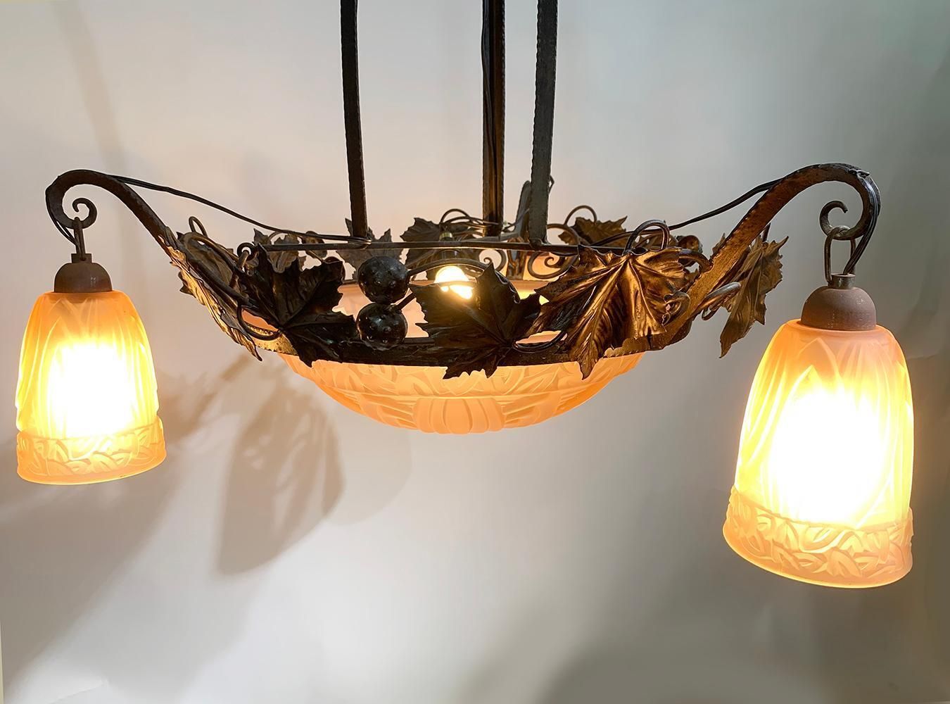 French Art Deco Wrought Iron Chandelier By Schneider photo Lighting