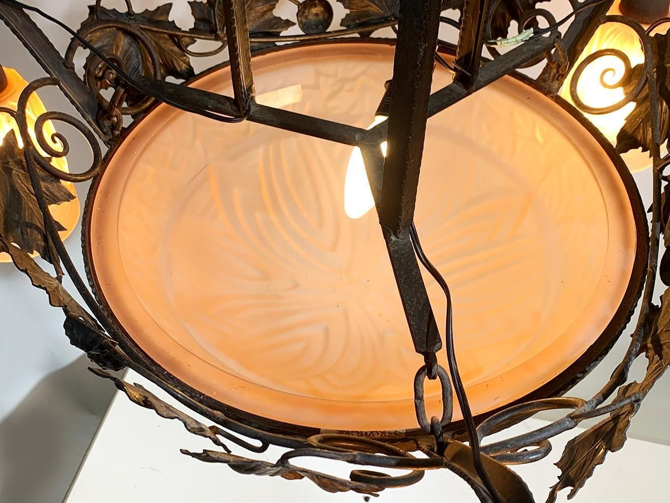 Lighting French Art Deco Wrought Iron Chandelier By Schneider photo