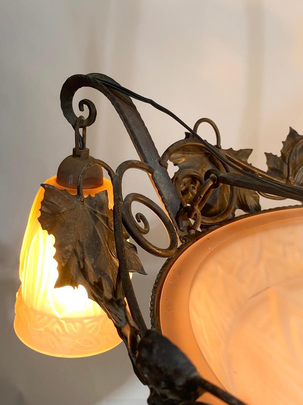 photo vinterior French Art Deco Wrought Iron Chandelier By Schneider