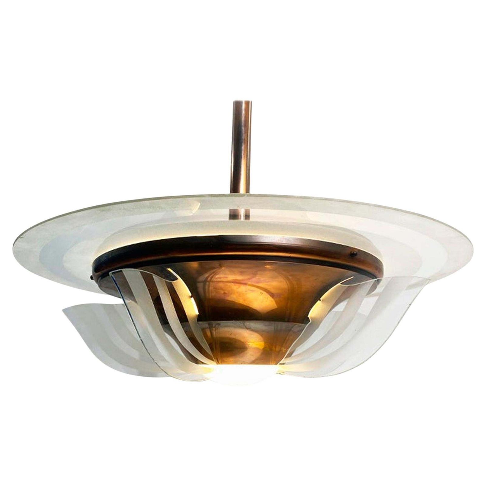 1930s French Art Deco Modernist Brass And Glass Chandelier By Petitot