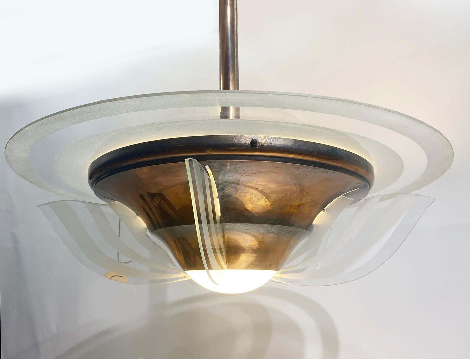 1930s French Art Deco Modernist Brass And Glass Chandelier By Petitot photo 4457.0