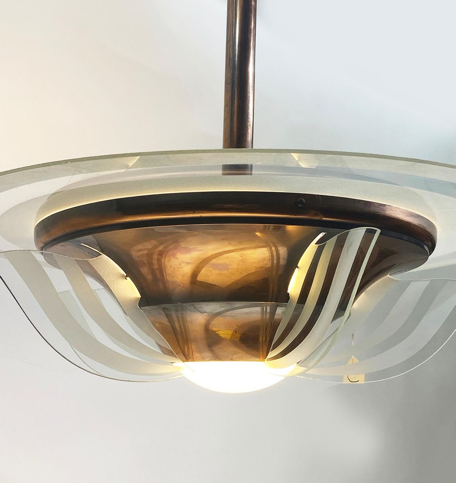 1930s French Art Deco Modernist Brass And Glass Chandelier By Petitot photo buy