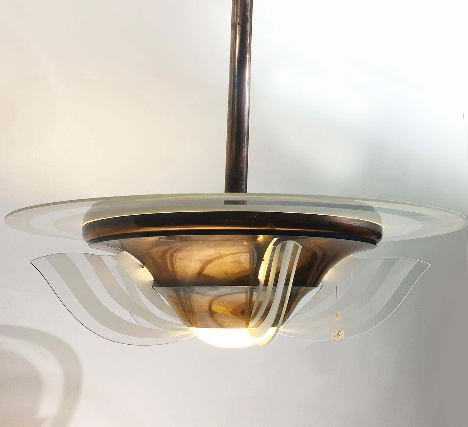 Lighting 1930s French Art Deco Modernist Brass And Glass Chandelier By Petitot photo