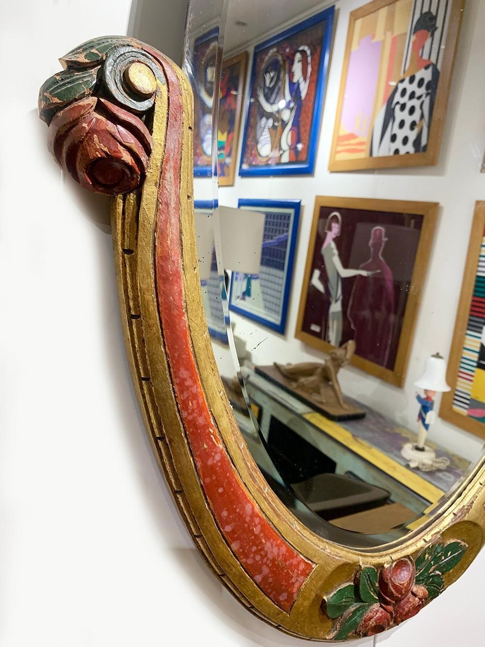 Hand Carved Art Nouveau Wood And Beveled Mirror photo vintage