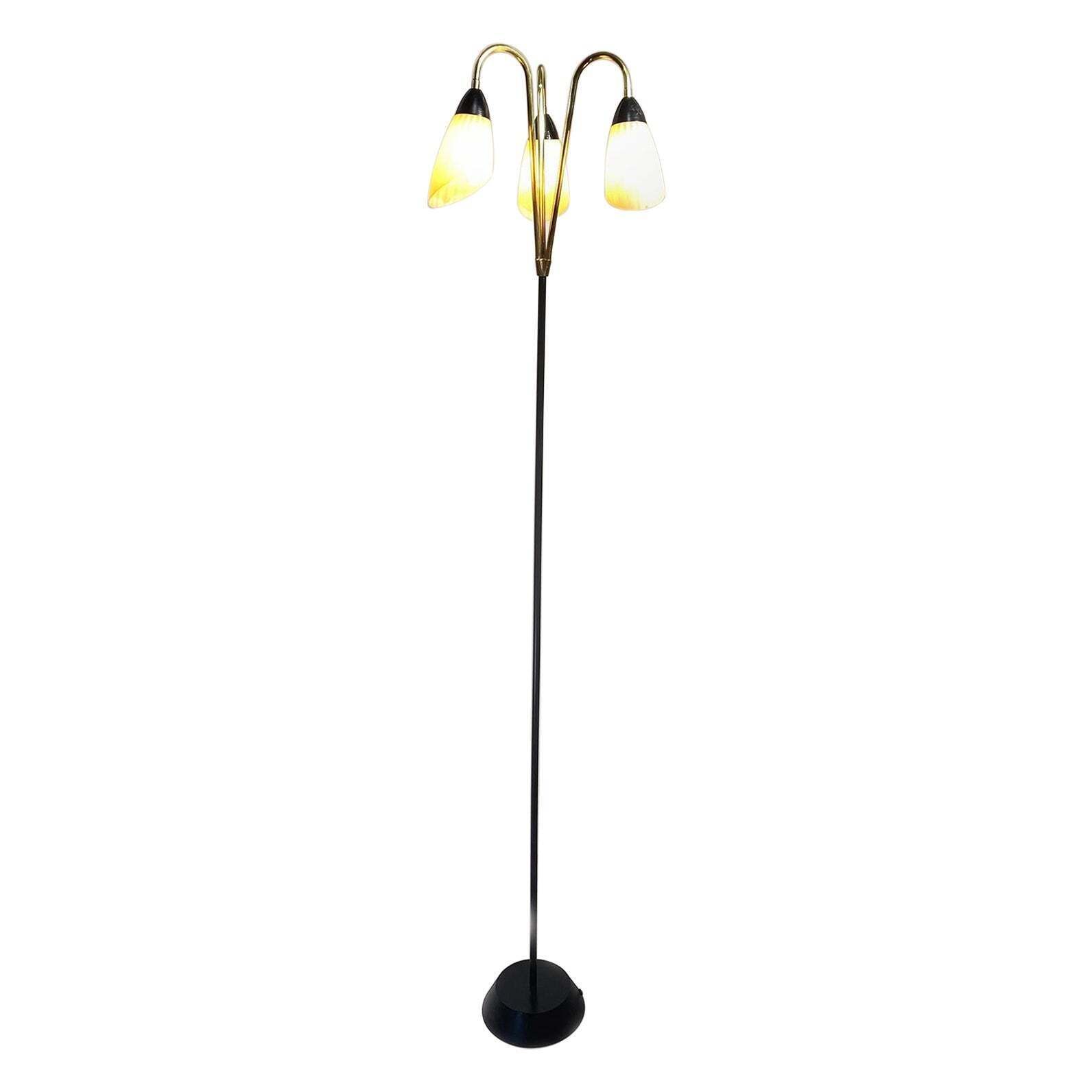French Brass And Black Metal Floor Lamp With 3 Glass Lights, 1950s