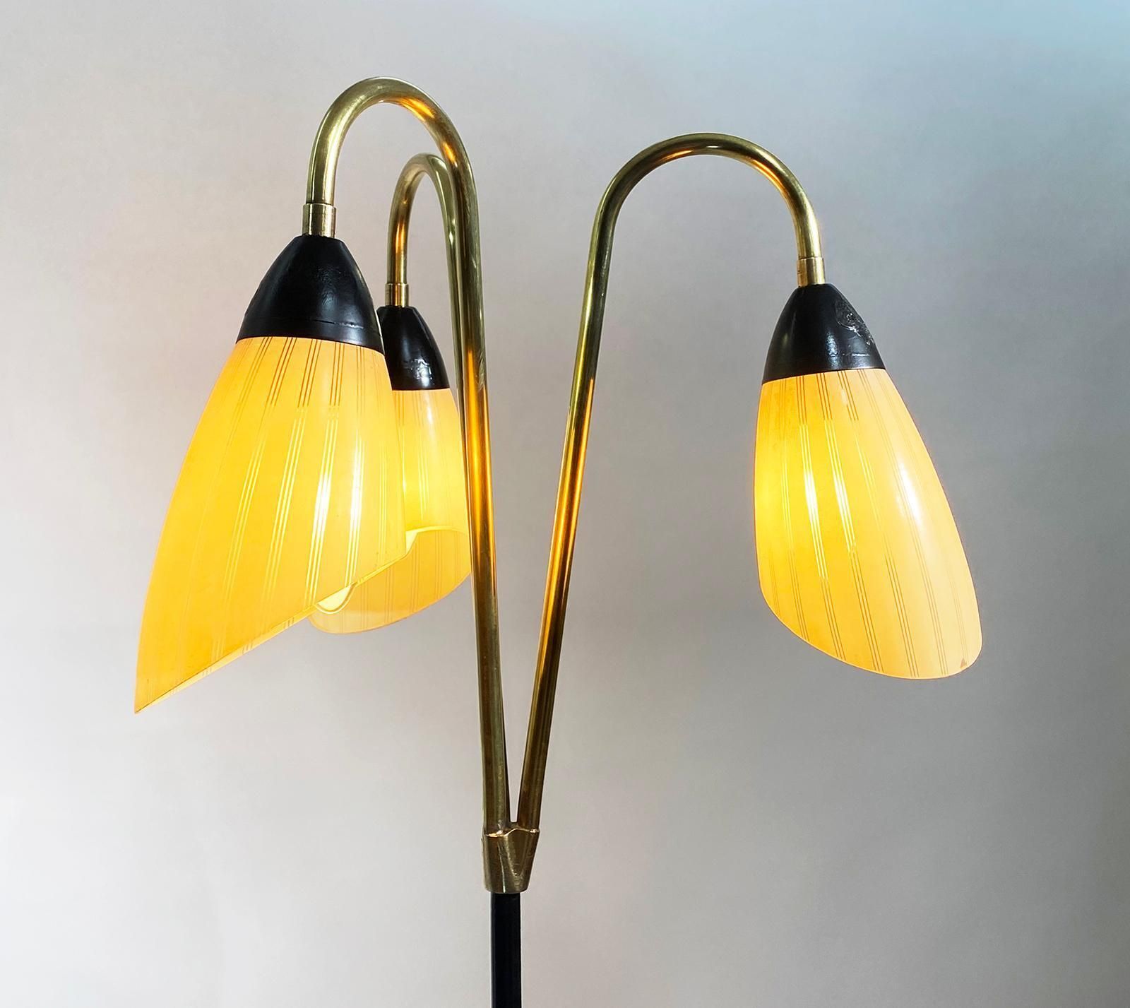 French Brass And Black Metal Floor Lamp With 3 Glass Lights, 1950s photo 2765.0