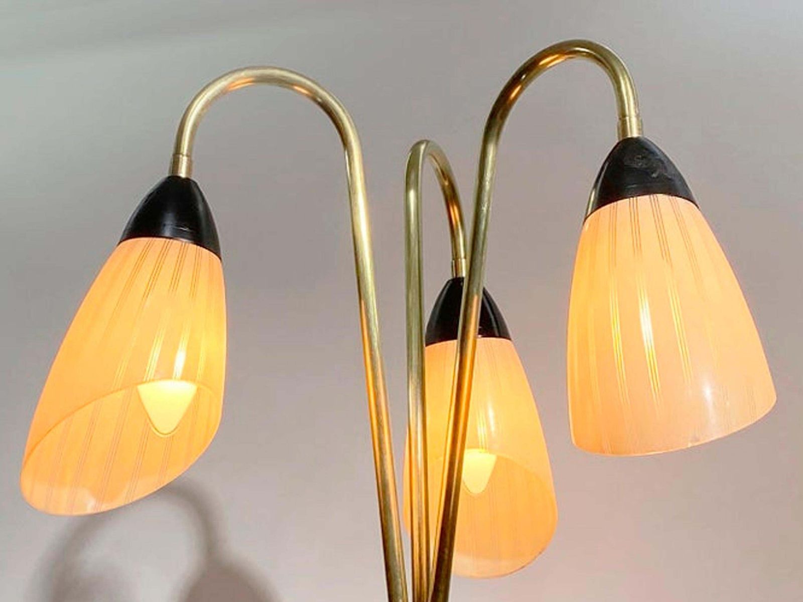 photo furniture French Brass And Black Metal Floor Lamp With 3 Glass Lights, 1950s