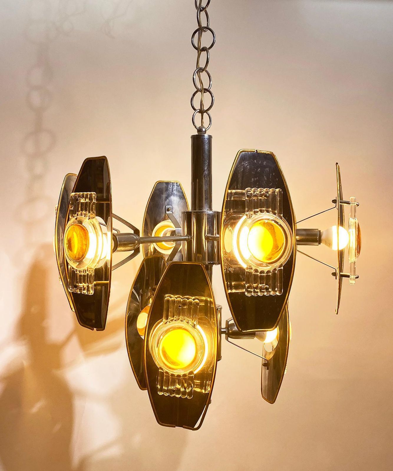 Oscar Torlasco Impressive Chrome And Glass Lens Chandelier, Italy, 1960 photo for sale
