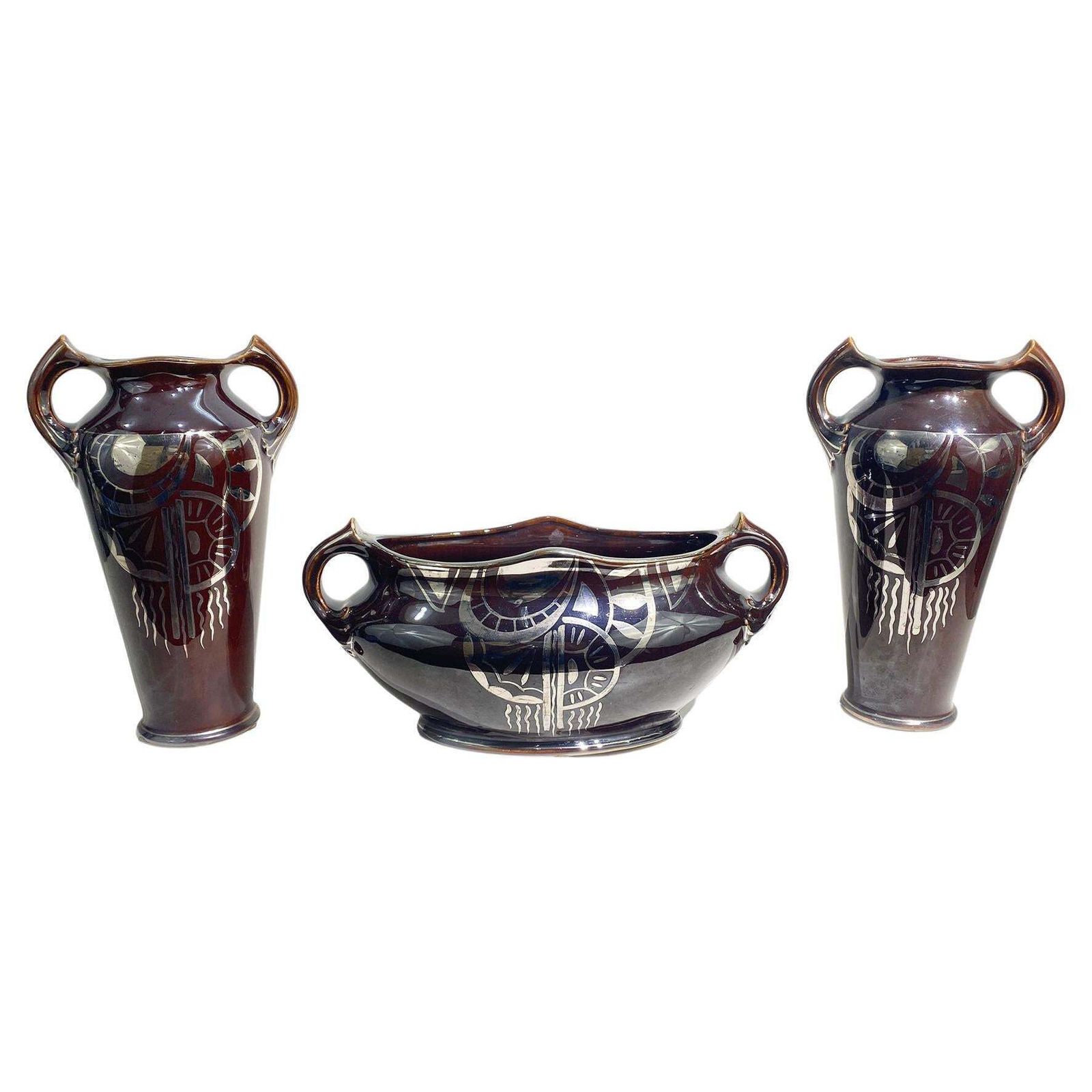 French Art Nouveau Garniture Set Vases & Jardinière, Early 20th Century