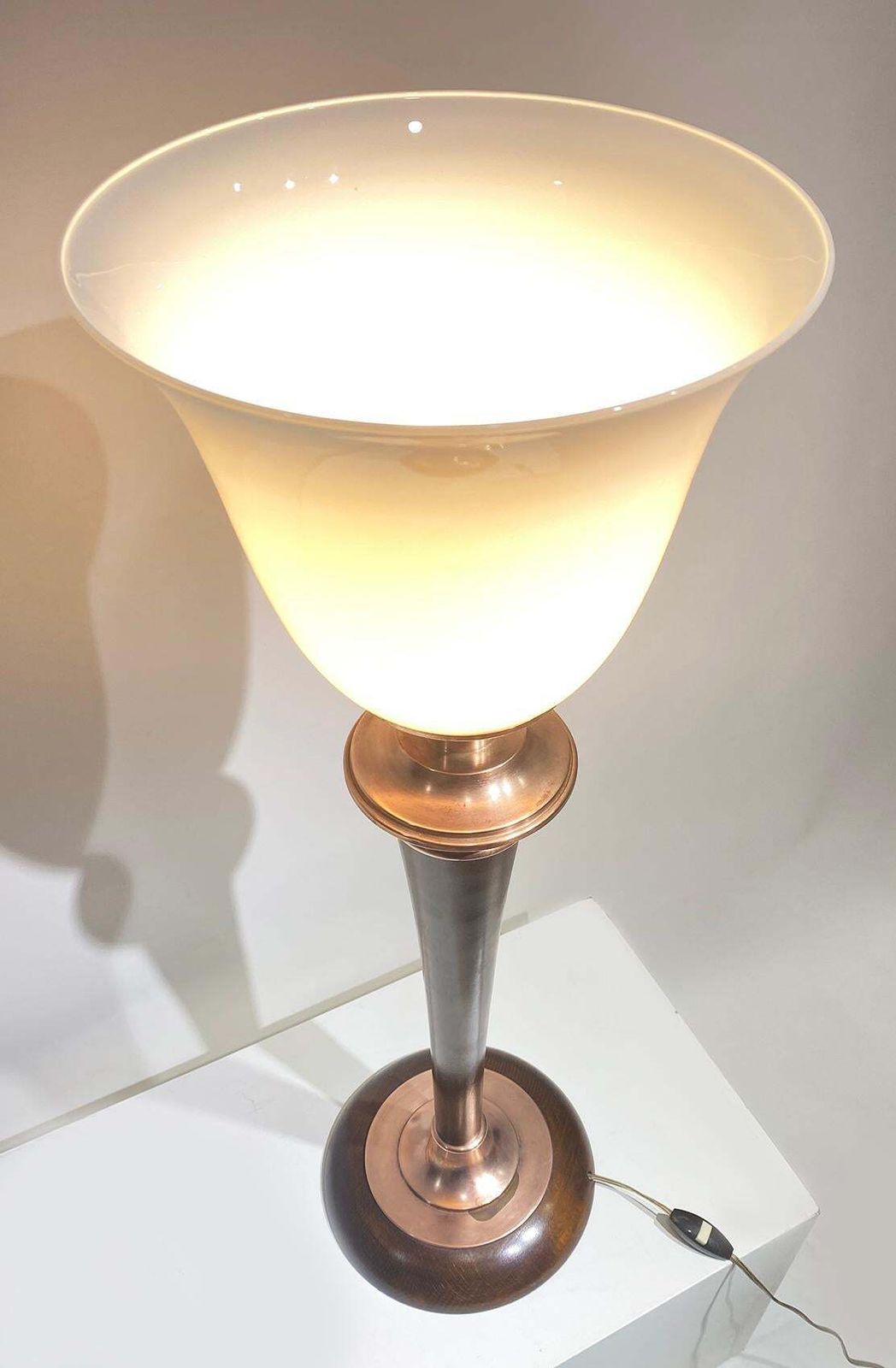 Original Art Deco "Mazda" Table Lamp, Copper And Wood, France Circa 1930 photo vintage