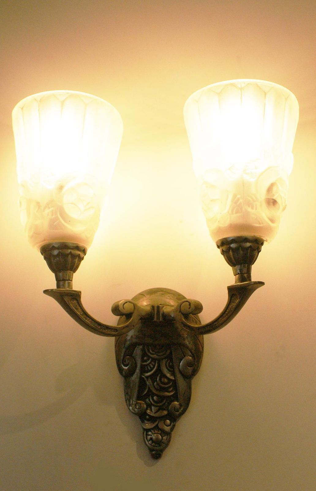 Elegant Pair Of Double Light Art Deco Wall Sconces Signed "Degué", France, 1935 photo furniture