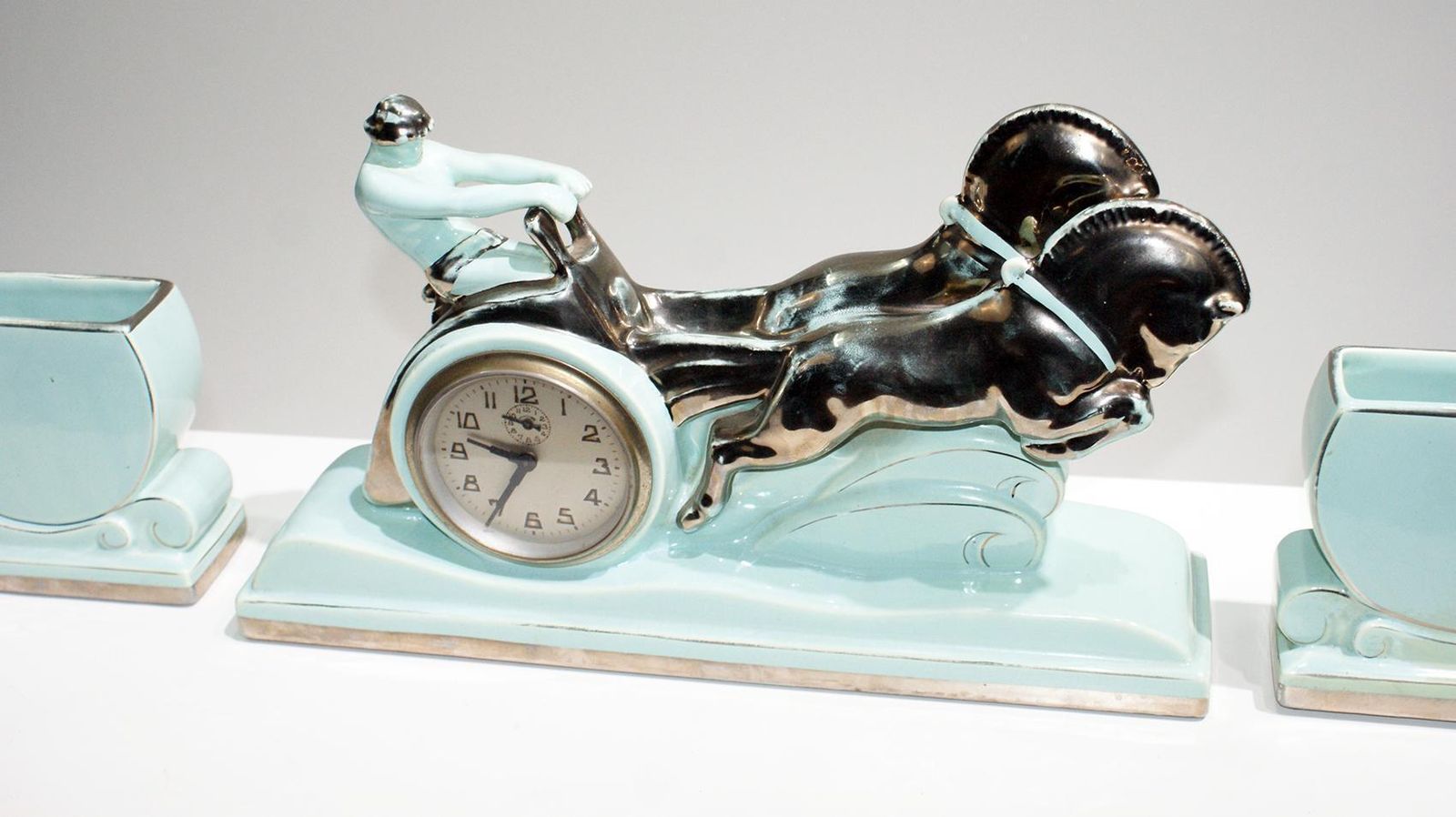 Stunning Art Deco Enamel Ceramic Sculpture “Ben Hur Horse Racing Chariot" photo furniture