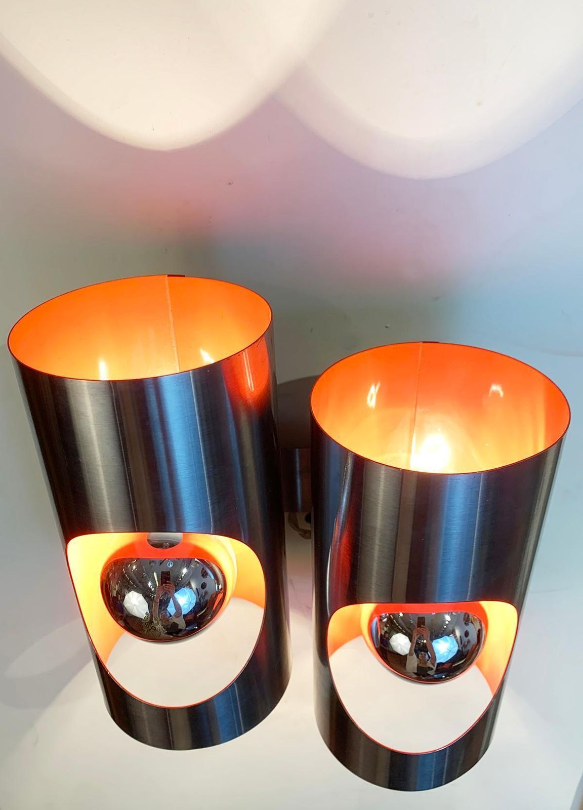 Pair Of Vintage Stainless Steel Sconces, Circa 1970 photo vinterior