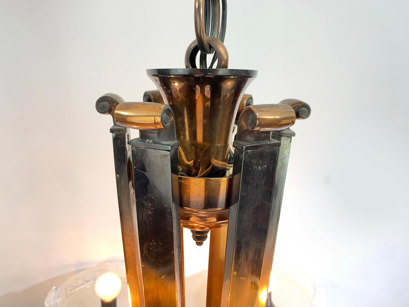 Art Deco Chandelier By Ezan With French Opalescent Glass & Copper Circa 1930 photo buy