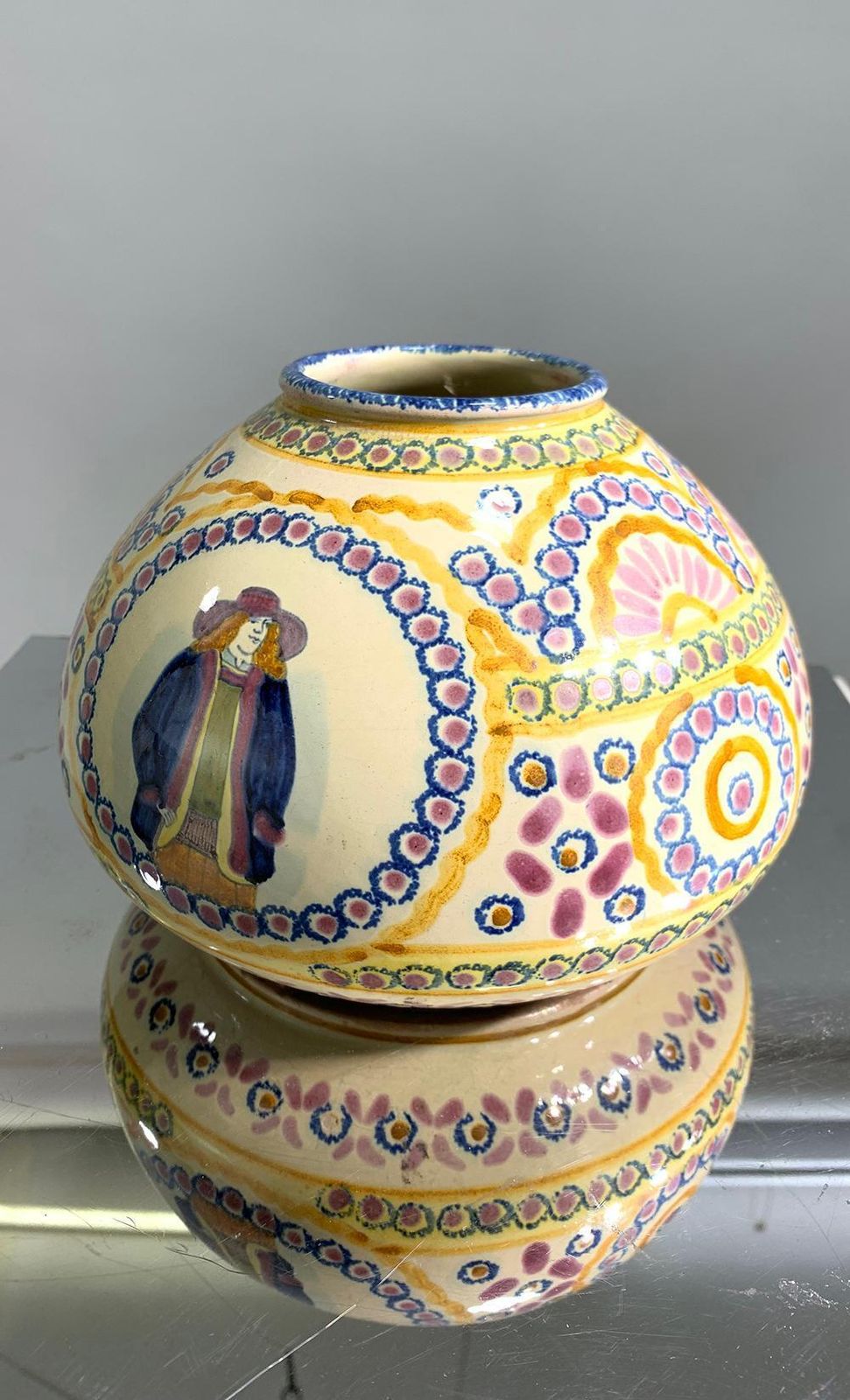 Mid 20th Century French Hand Painted Faience Vase Signed Henriot Quimper photo for sale
