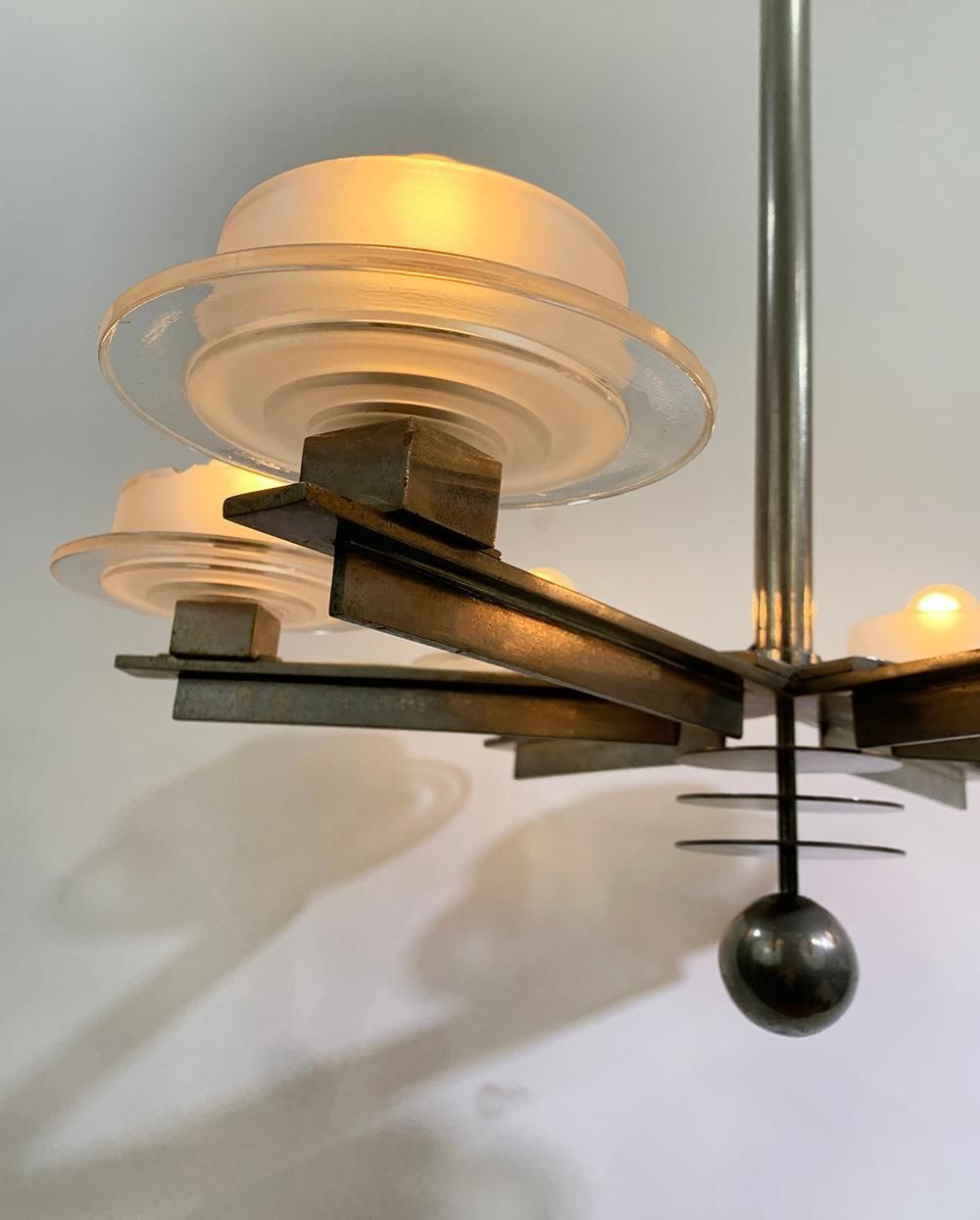 Six Light Chrome Metal Chandelier With Glass Shades Circa 70s photo for sale