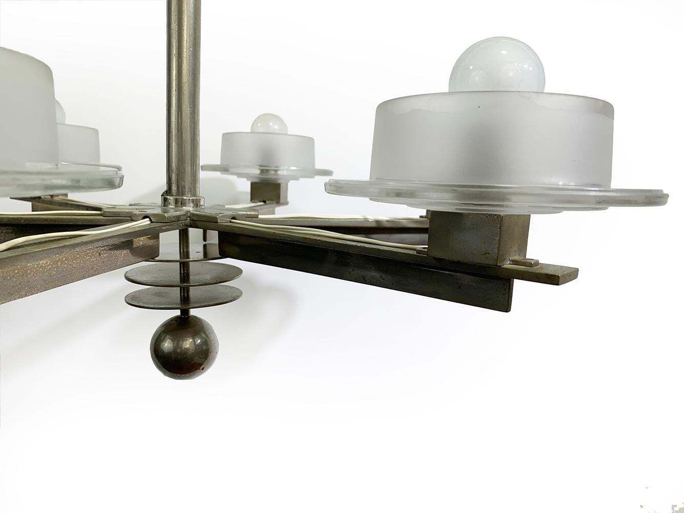 Six Light Chrome Metal Chandelier With Glass Shades Circa 70s photo vintage