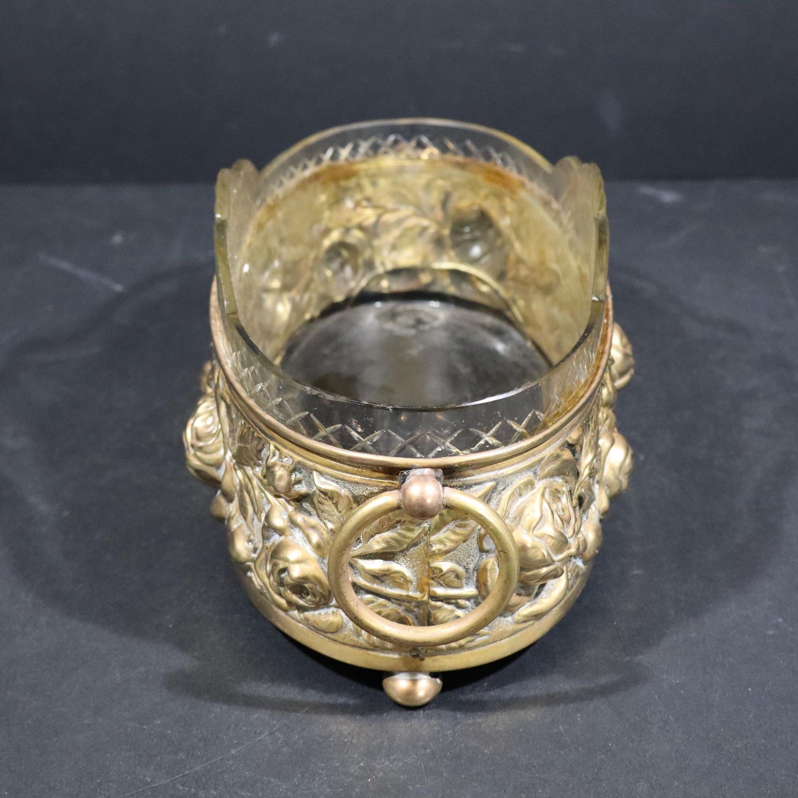 Antique French Brass & Crystal Jardiniere   Elegant Centerpiece Fruit Bowl photo vinterior