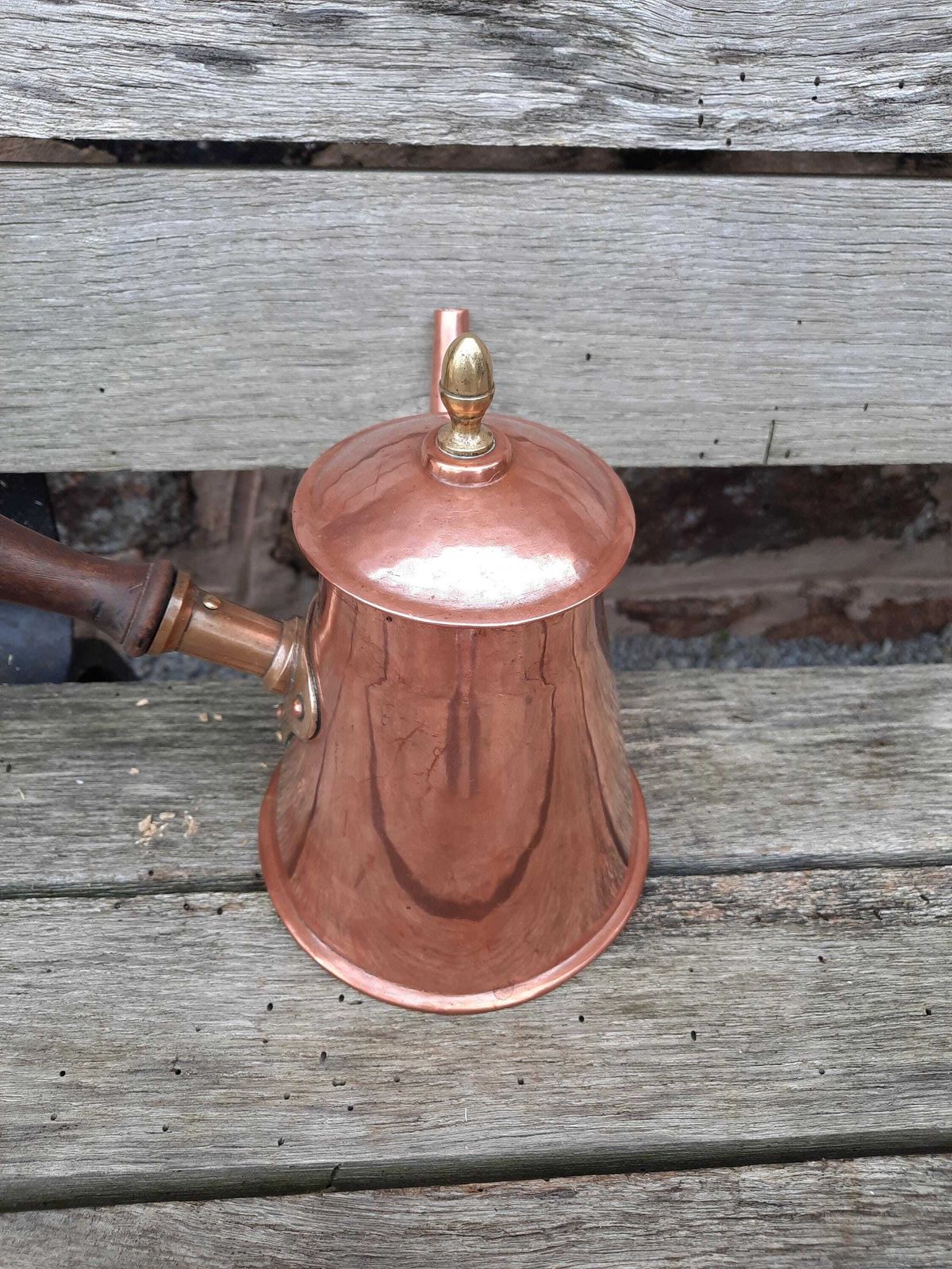 Antique French Copper Hot Chocolate Pot: Artisan Kitchen Kettle, Wood Handle photo furniture