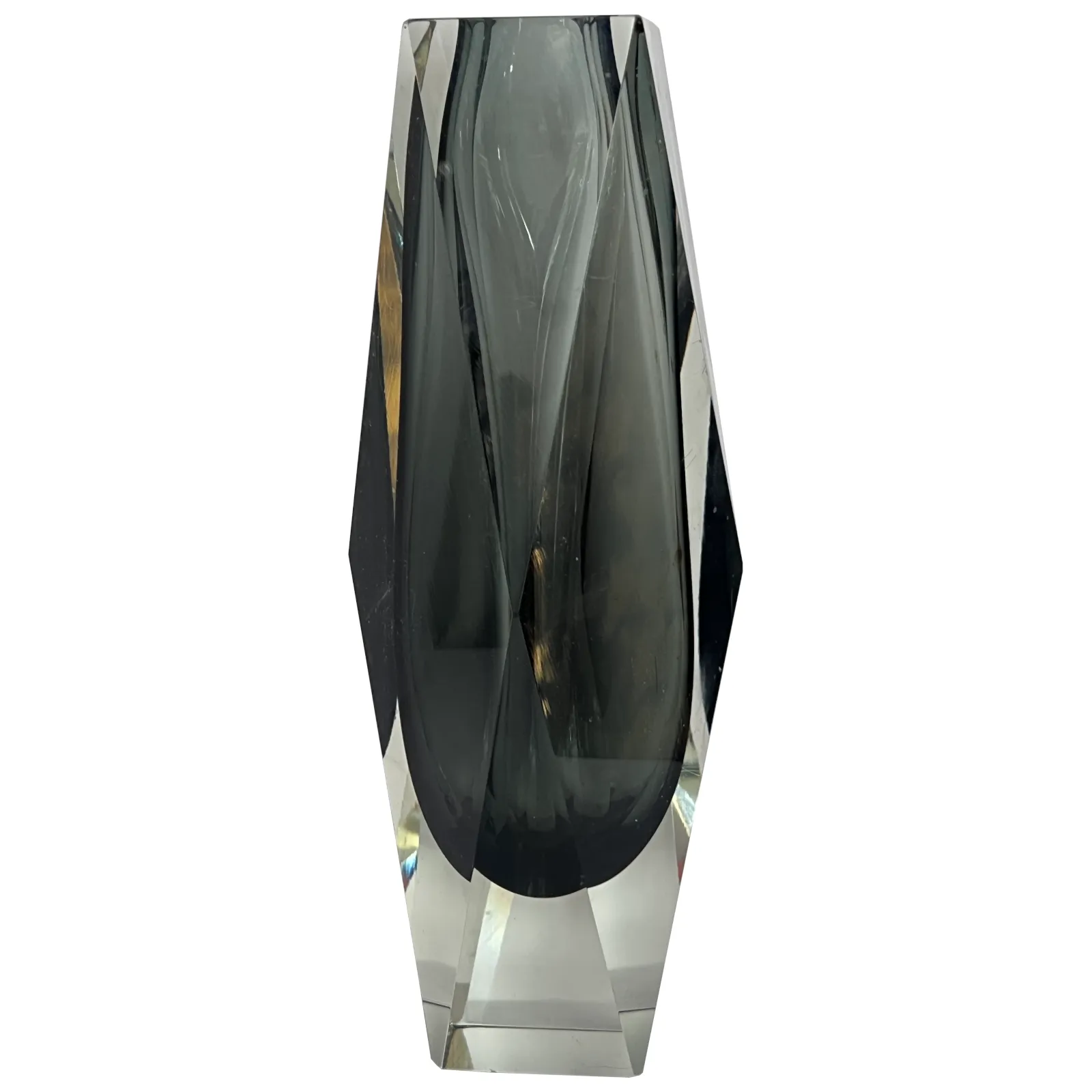 Large Murano Sommerso Faceted Vase, Smoky Grey With Clear, C. 1960s–70s