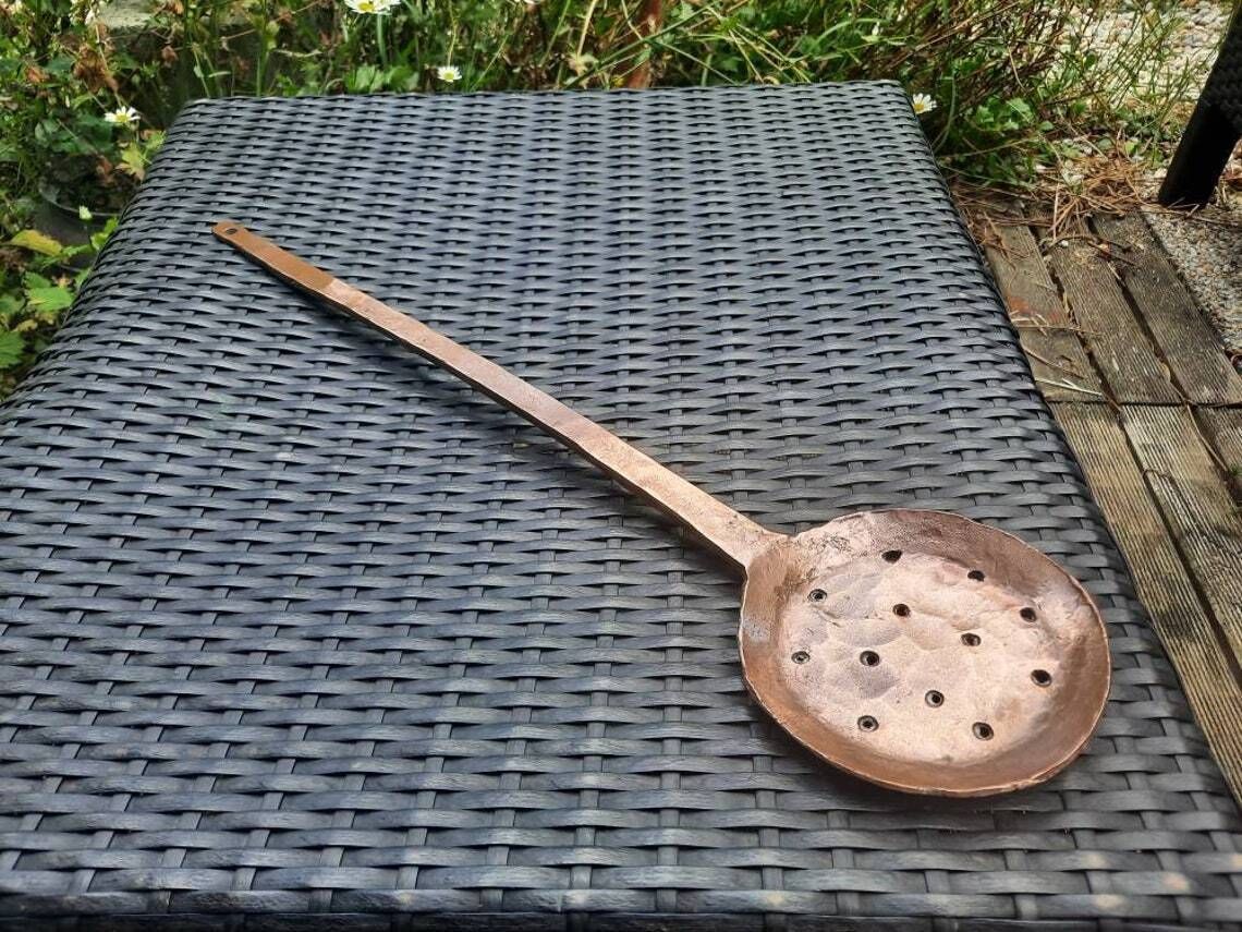 Antique French Copper Ladle: Hand Forged Colander Skimmer, 1800s Cookware