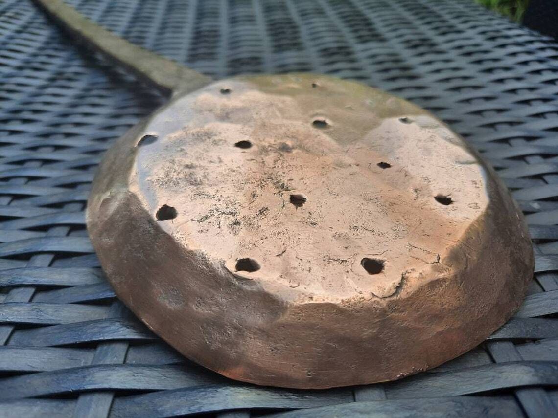 Antique French Copper Ladle: Hand Forged Colander Skimmer, 1800s Cookware photo for sale