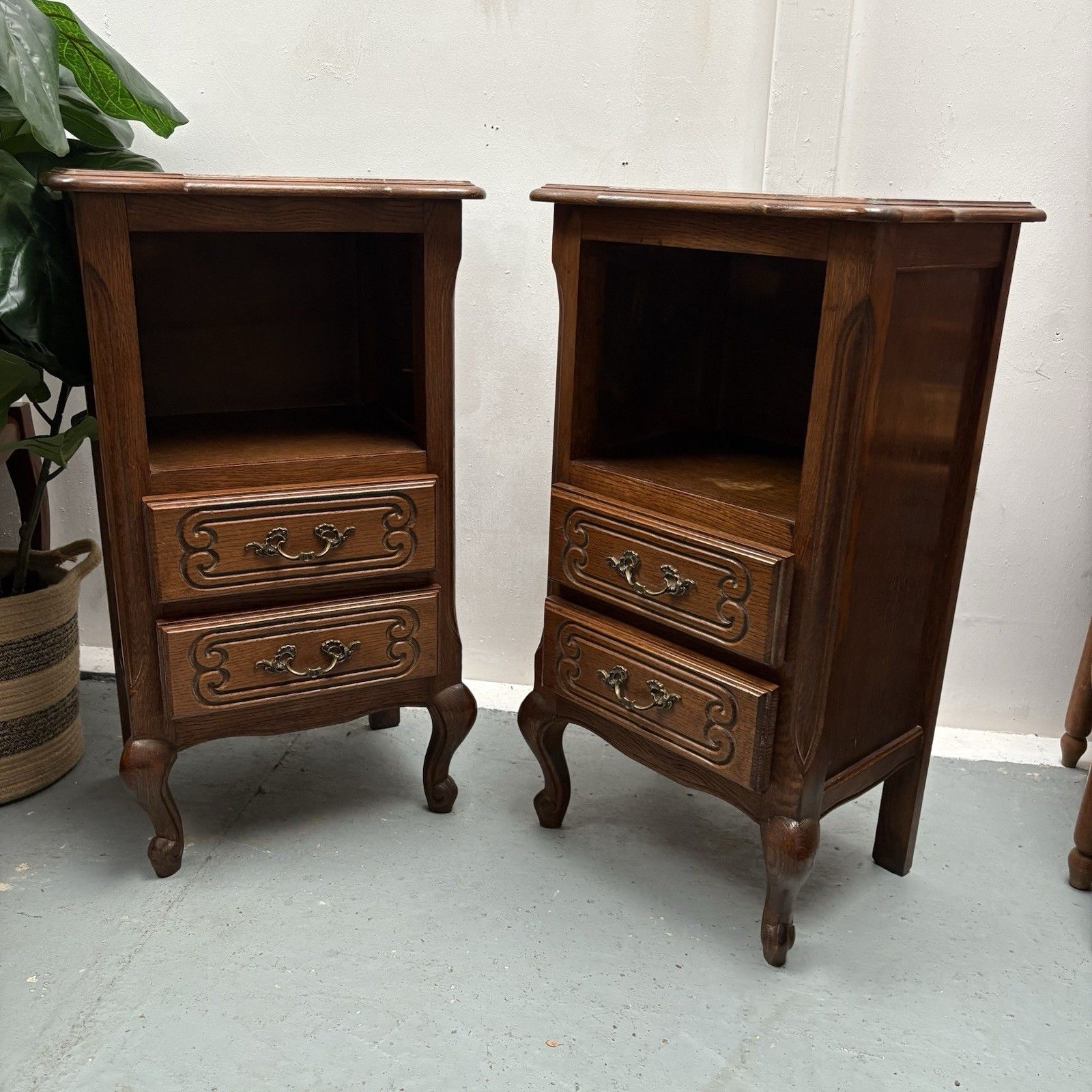 Vintage French Provincial Tall  2 Drawer Oak Bedside Tables