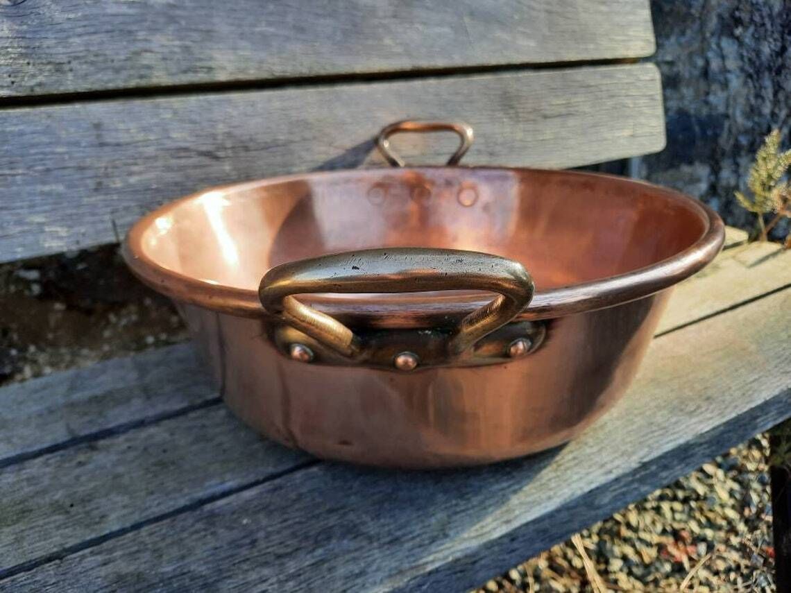 Antique Copper Jam Pan: French Confiture Bowl, Bronze Handles (32cm) photo for sale