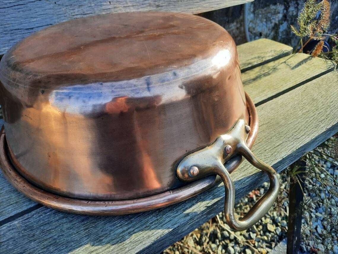 Antique Copper Jam Pan: French Confiture Bowl, Bronze Handles (32cm) photo 201.0